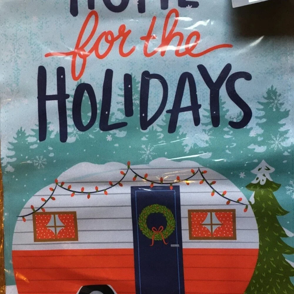 Home for the Holidays Garden Flag Red Camper Travel Trailer Christmas 12